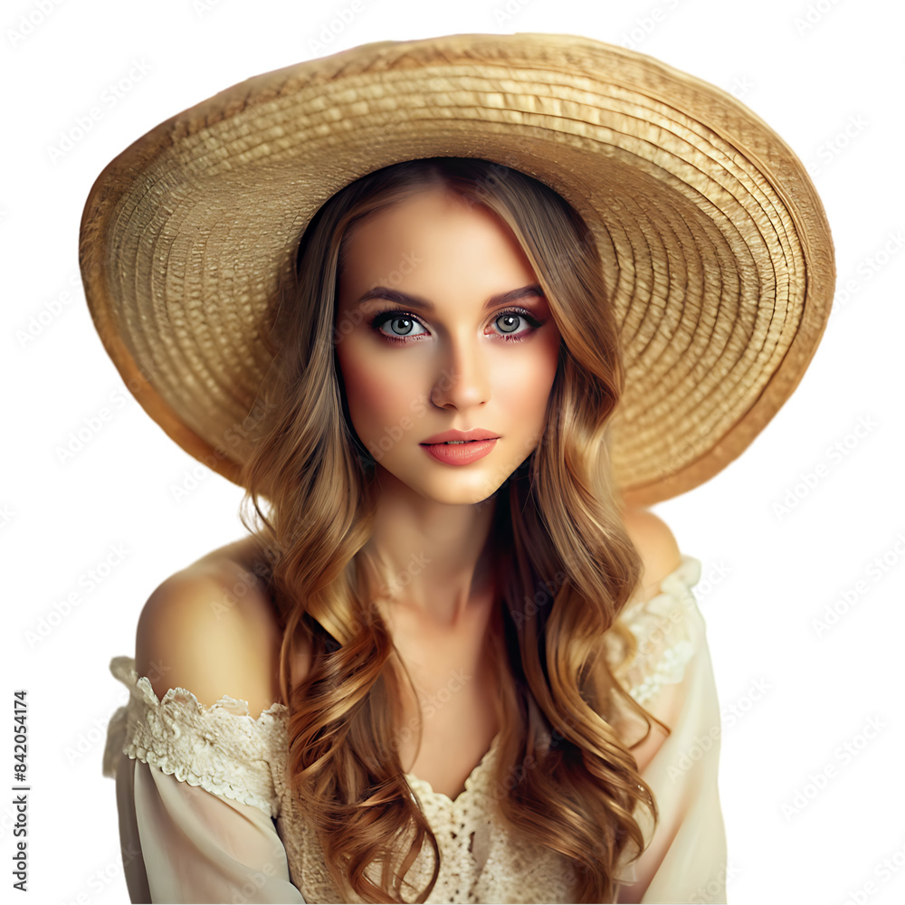 happy attractive young woman in flowered dress and hat happy attractive young woman in flowered dress and hat