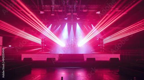 Empty concert stage with bright red and purple lights and smoke  creating a vibrant and energetic atmosphere for an upcoming performance