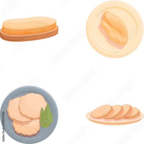 Pate meat icons set cartoon vector. Traditional foie gras dish. French food