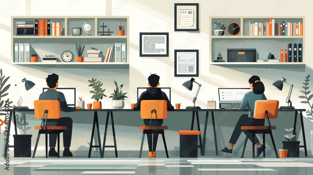 Illustration of a modern office workspace featuring a team of professionals working at desks, highlighting collaboration, productivity, and a well-organized environment.