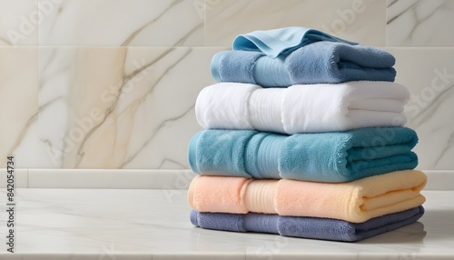 A stack of neatly folded colorful towels and clothes on a marble countertop