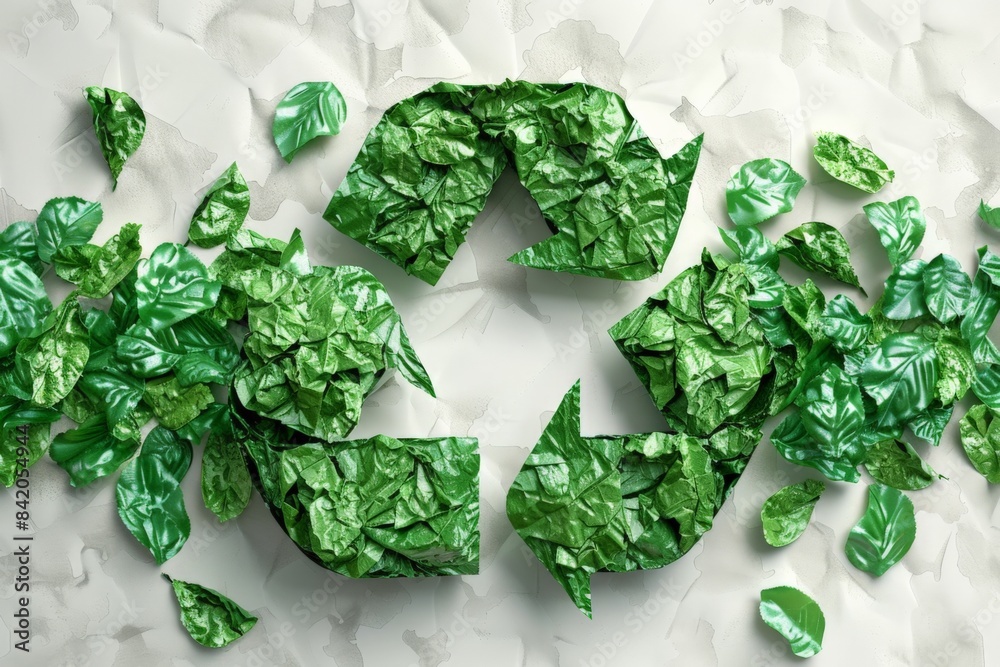 A plantthemed recycling symbol surrounded by lush green leaves