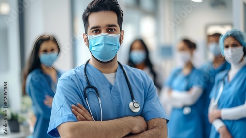 Confident multiethnic male nurse in front of his medical team looking at camera wearing face mask during covid-19 outbreak. Happy and proud indian young surgeon standing in front of his colleagues