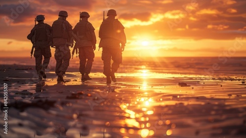 Four Soldiers Walking on a Beach at Sunset with Beautiful Reflections on Water