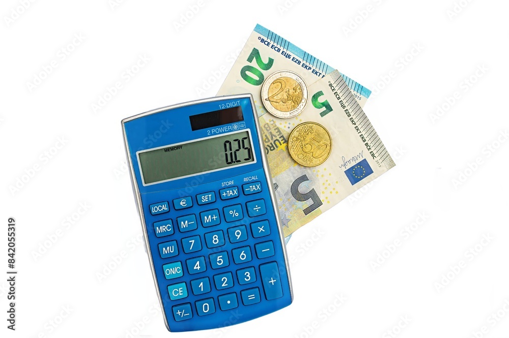 Calculator with euro coins on paper euro banknotes. Isolated white background. Calculator with euro coins on paper euro banknotes. Isolated white background.