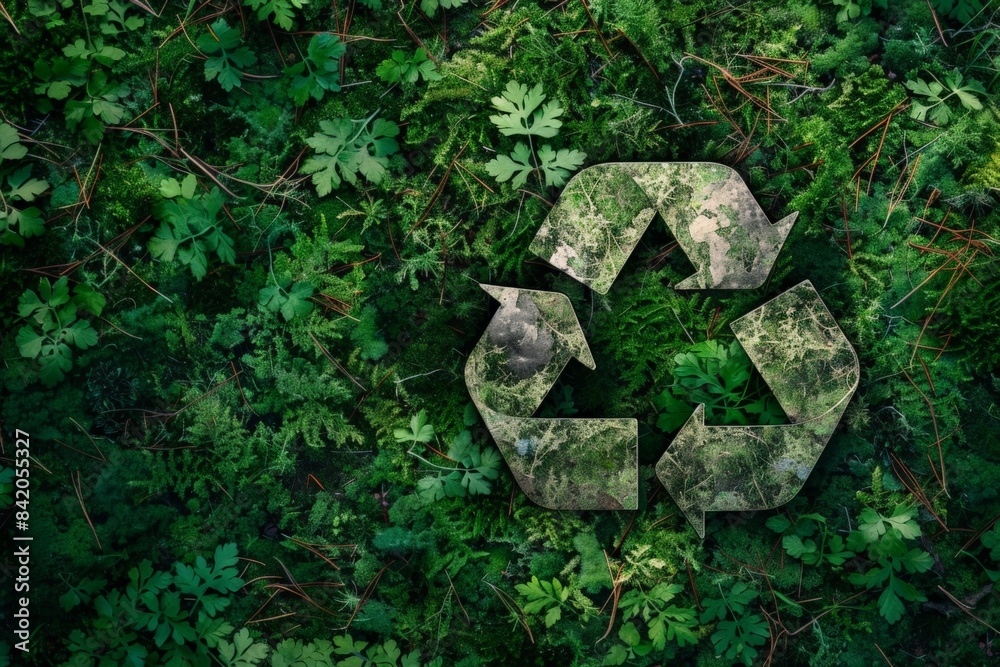 A plantthemed recycling symbol surrounded by lush green leaves