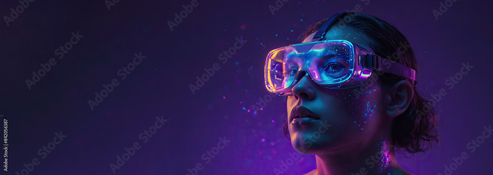 Portrait of a man, a girl with virtual reality glasses on a purple background Portrait of a man, a girl with virtual reality glasses on a purple background