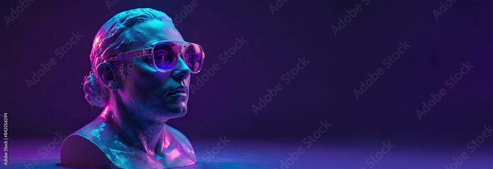 Plaster bust of a man with glasses on a purple background with neon lighting Plaster bust of a man with glasses on a purple background with neon lighting