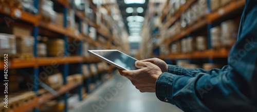 A closeup shot of hands holding an iPad, using warehouse software to check stock in the background.