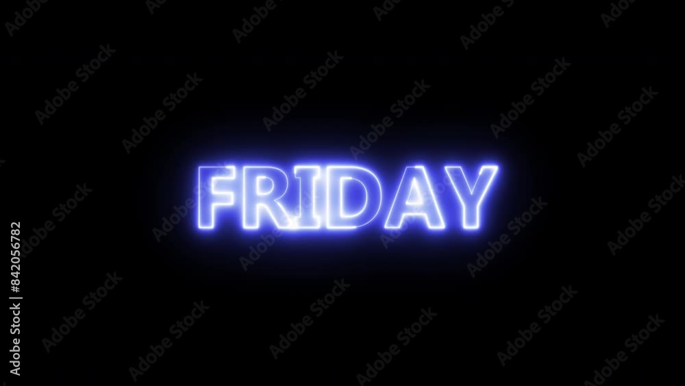 Glowing and flickering neon FRIDAY sign in blue on black. Written in capital letters and a variety of motion and brightness. Glowing and flickering neon FRIDAY sign in blue on black. Written in capital letters and a variety of motion and brightness.