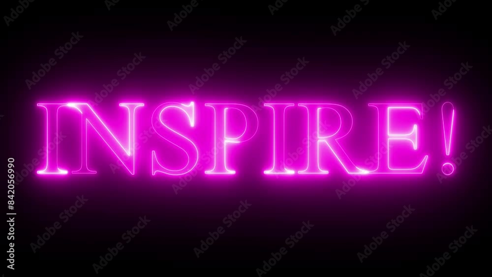 Glowing and flickering neon INSPIRE sign in pink on black. Written in capital letters and a variety of motion and brightness. Glowing and flickering neon INSPIRE sign in pink on black. Written in capital letters and a variety of motion and brightness.