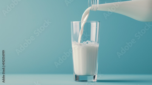 Glass of milk being poured from a bottle against a blue background. Healthy drink concept