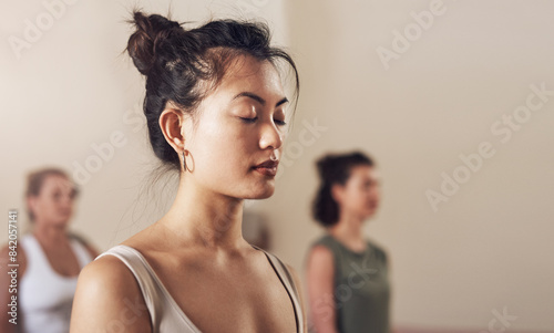 Canvastavla Woman, meditation and instructor in yoga class, breathe and exercise together for peace in studio