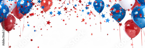 Blue, white and red balloons and stars confetti on a white background with copy space. Celebrating 4th of July banner.