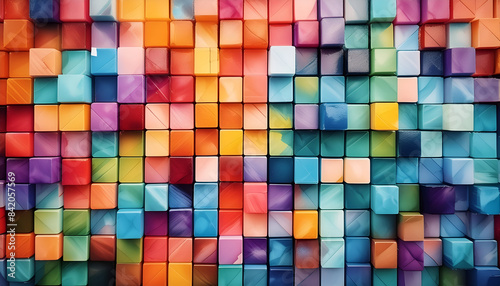 Abstract background of squares and 3D colorful cubes mosaic and geometric. Red yellow blue green purple red  pink 