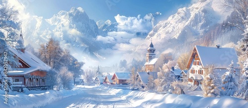 A breathtaking winter landscape with snow-covered mountains, evergreen trees covered in frost. photo
