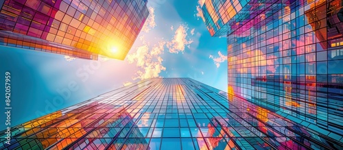 A colorful sky with clouds and reflections of the sun on modern glass skyscrapers in a wide angle.