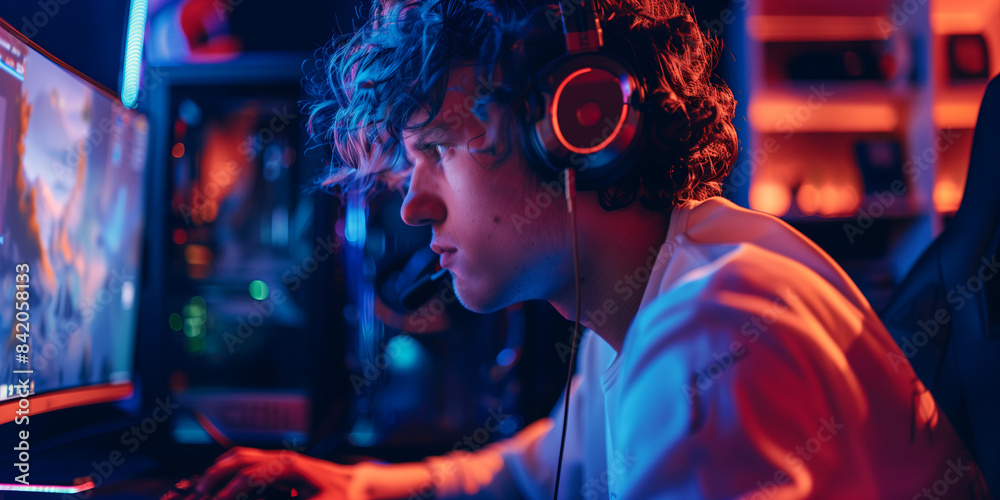 Close-up portrait of teenage boy wearing big headphones playing video game at home. Young teen kid playing a game on his desktop computer. Computer games addiction in children. Close-up portrait of teenage boy wearing big headphones playing video game at home. Young teen kid playing a game on his desktop computer. Computer games addiction in children.