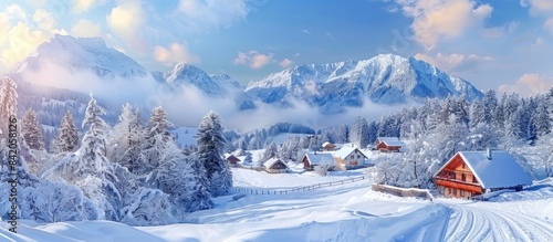 A beautiful snow-covered landscape with small houses nestled in the mountains. photo