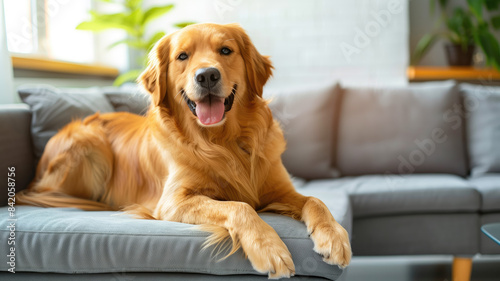 happy golden retriever dog is lying on a cozy sofa in a modern living room.