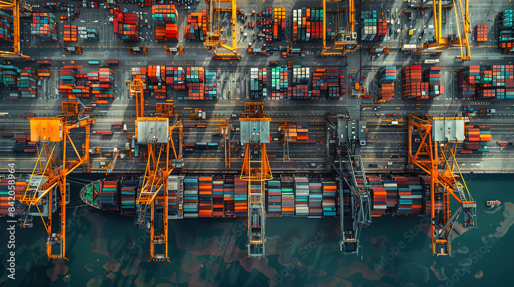 Bird's eye view of a cargo port with colored cargo containers. An overhead view of colorful containers being loaded at a busy port. Bird's eye view of a cargo port with colored cargo containers. An overhead view of colorful containers being loaded at a busy port.