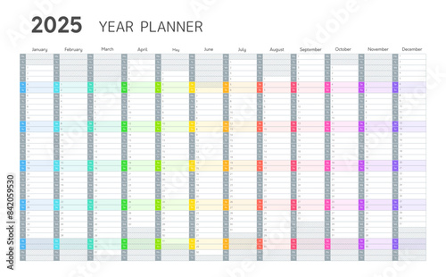 2025 year wall calendar, planner for daily and monthly agenda with rainbow colored weekend. Blank planner template for 2025 year with twelve months vertical grid, vector illustration