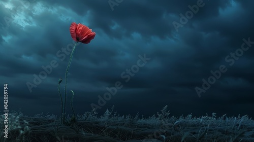 Silent night, a single poppy stands tall against a dark, stormy sky, representing resilience and enduring hope photo