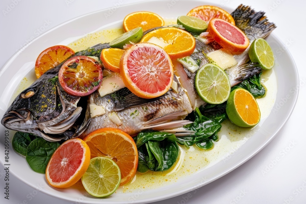 Citrus-Seasoned Baked Sea Bass with Fresh Spinach Bed Citrus-Seasoned Baked Sea Bass with Fresh Spinach Bed