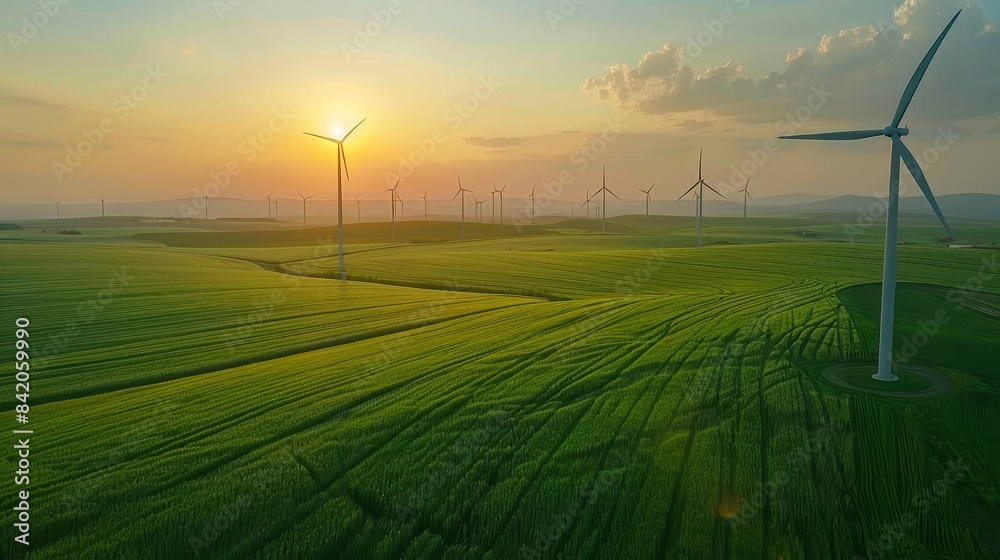 Sustainable energy windmills, green field, efficient electricity production, vibrant green energy landscape Sustainable energy windmills, green field, efficient electricity production, vibrant green energy landscape