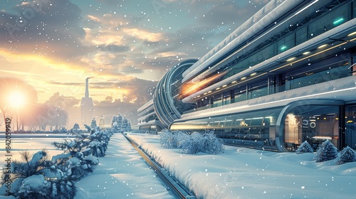 Snow-blanketed hydrogen fuel plant, futuristic architecture, eco-friendly technology, sustainable energy focus