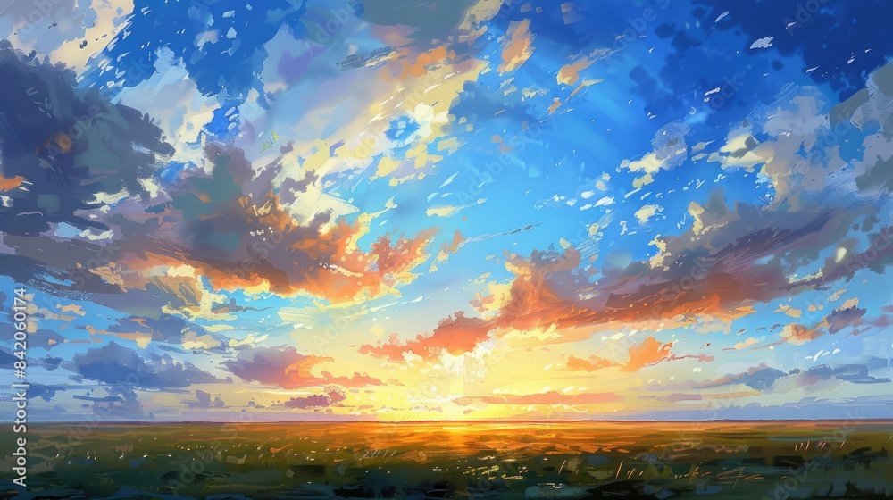 Fototapeta premium The dawn breaks with a sunny sky and scattered clouds