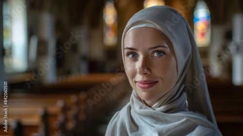 Portrait of a Smiling Beautiful Nun Looking into the Camera Against the Background of a Church.