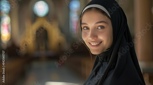 Portrait of a Smiling Beautiful  Nun Looking into the Camera Against the Background of a Church. © ZoomTeam