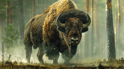 Large male European bison also referred to as wisent or European wood bison in their natural habitat photo