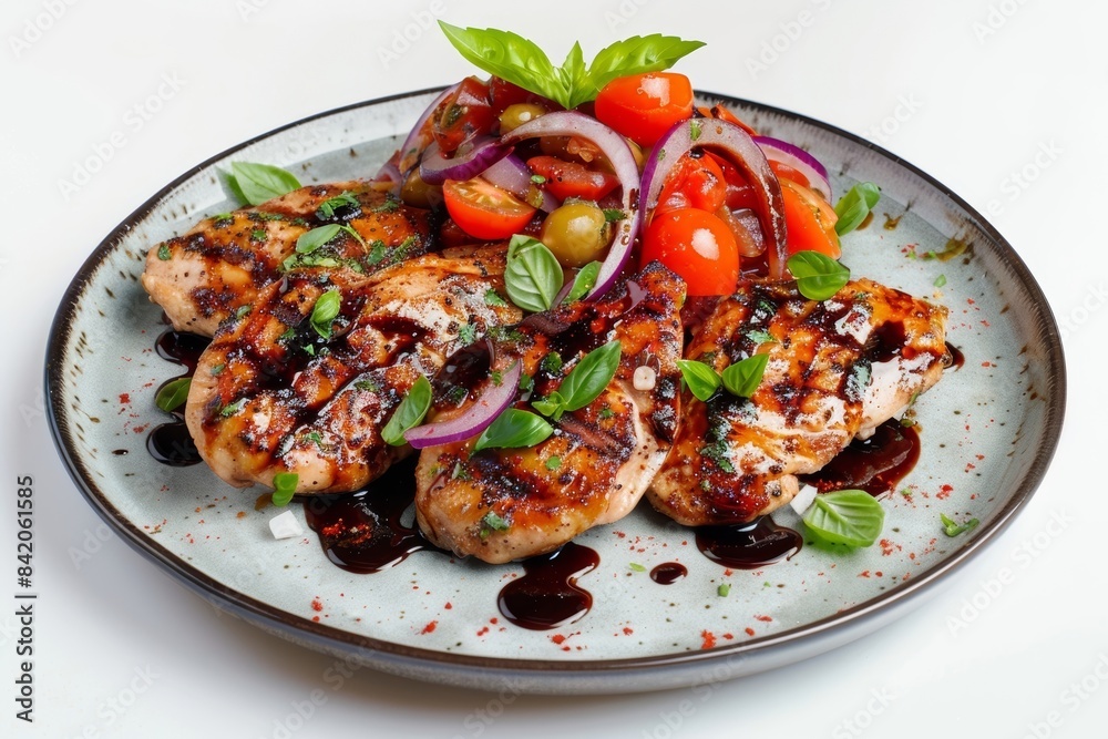 Balsamic-Honey Chicken Cutlets and Fresh Basil on Dark Vinegar Plate Balsamic-Honey Chicken Cutlets and Fresh Basil on Dark Vinegar Plate