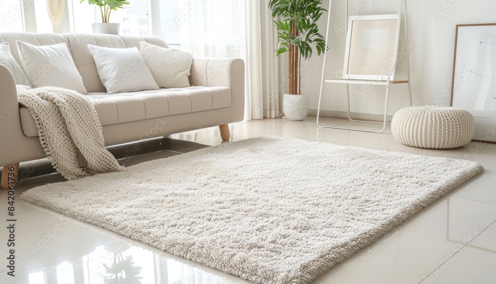 Close Up of Light Gray Shag Rug in a Modern Living Room