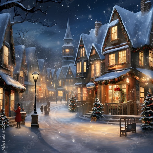 Illustration of a winter night in a village with snowflakes © Michelle
