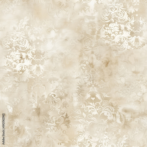 Shabby Damask seamless pattern with abstract texture light ornament. Vintage style ivory elegant background for wallpaper, fabric, digital paper and other classic product design.