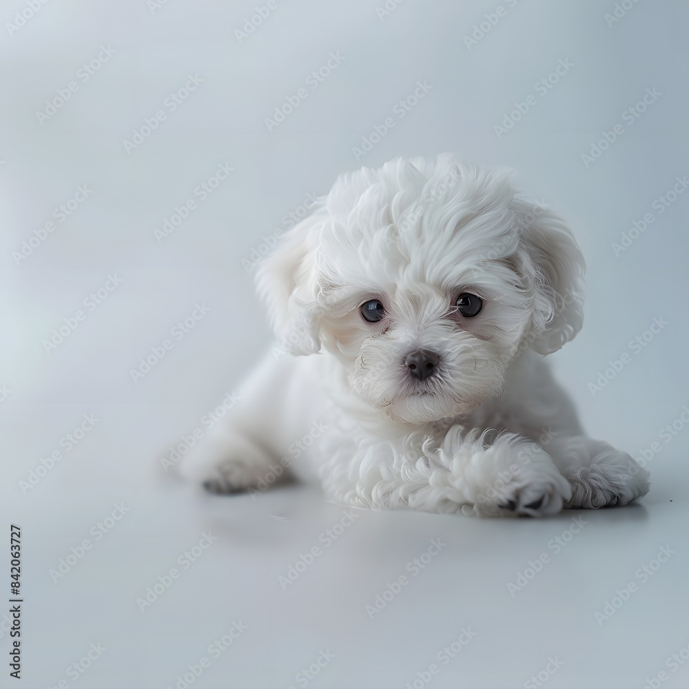 Beautiful playful white Bichon Frize puppy lies on a plain background with copy space. Looking at the camera. Beautiful playful white Bichon Frize puppy lies on a plain background with copy space. Looking at the camera.