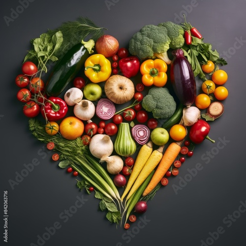 A heart made of vegetables and fruits. The heart is made of broccoli  carrots  apples  and oranges