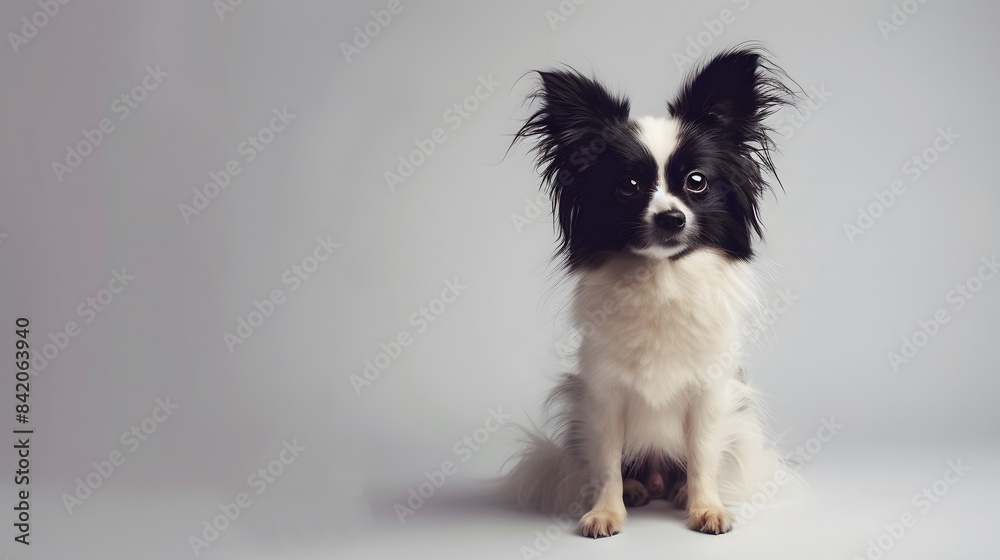 Beautiful playful Papillon dog sitting on a plain background, looking at the camera. Beautiful playful Papillon dog sitting on a plain background, looking at the camera.