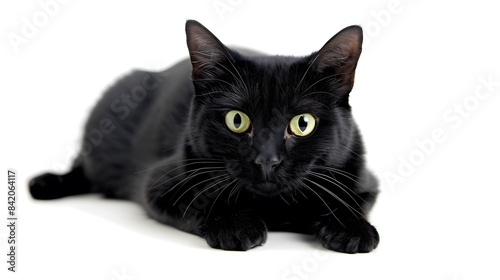 Beautiful purebred black cat with green eyes isolated on a white background. Looking at the camera.