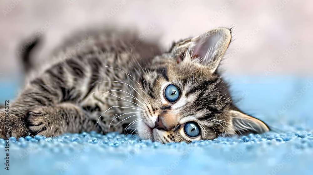 A cute kitty with beautiful bright blue eyes lies on the floor. Looks at the camera.