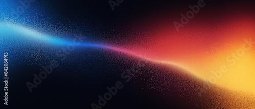 Grainy gradient background blue red yellow abstract glowing color wave black backdrop, noise texture banner poster header design 