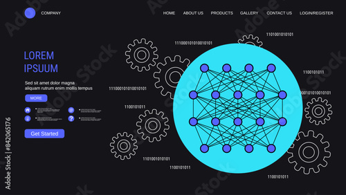 Modern trendy landing page vector design template. Neural network illustration