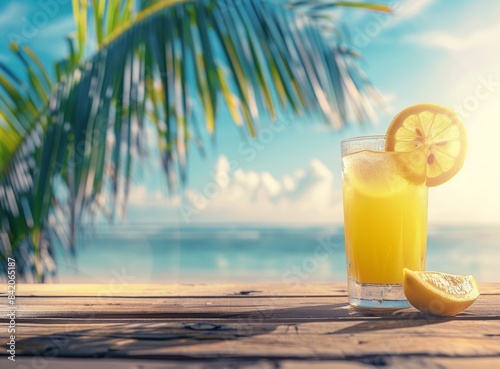 Beautiful summer background with glass of lemonade on wooden table and palm tree  blurred sea beach and blue sky in the morning light