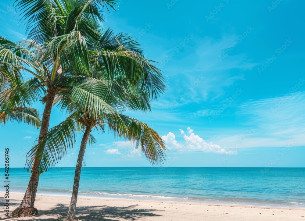 Beautiful summer beach with palm trees and a blue sky background, a nature landscape banner for vacation or travel concept.