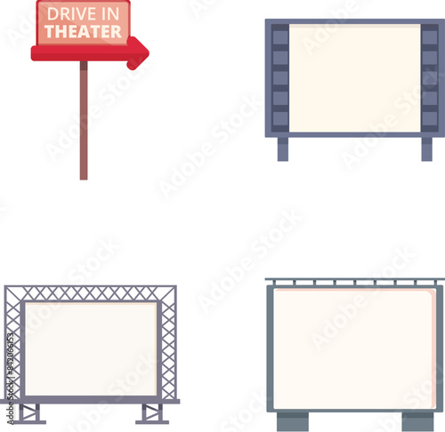 Outdoor screen icons set cartoon vector. Car cinema or drive movie in open air. Entertainment event