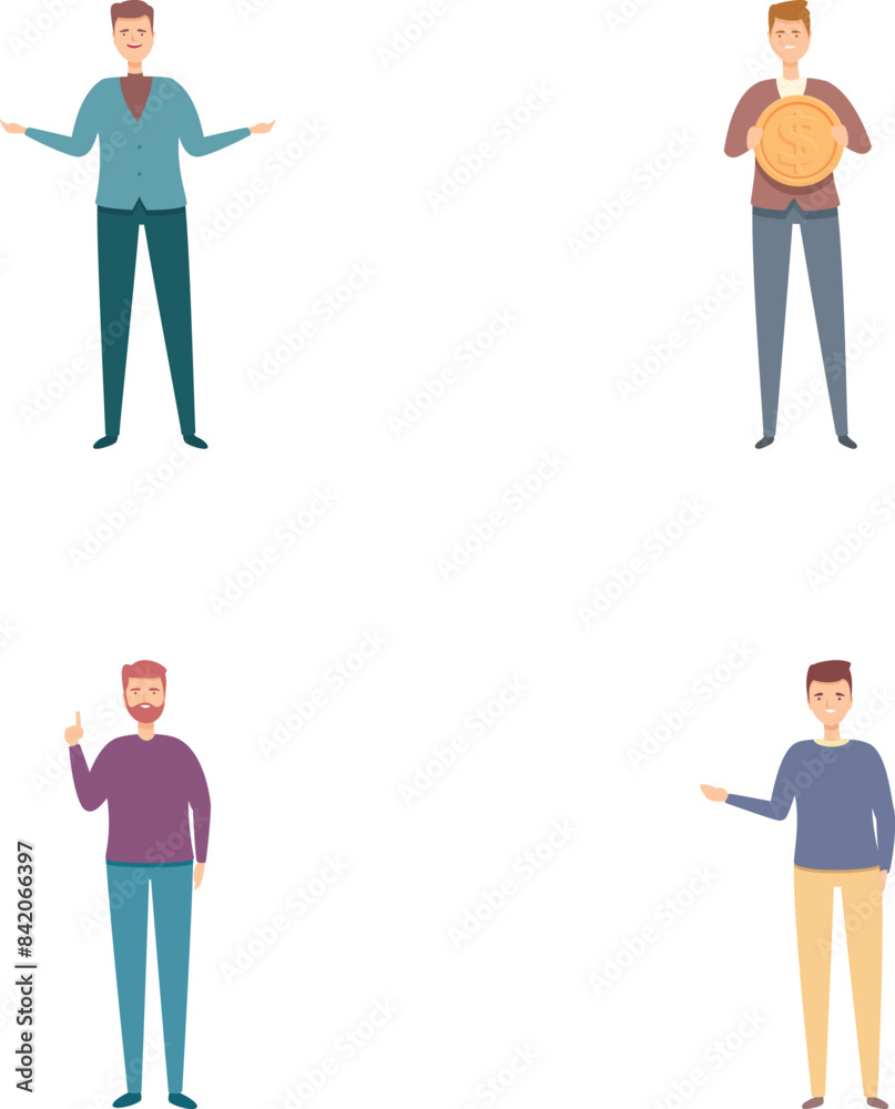 Creditor man icons set cartoon vector. Successful male lender character. Business and finance Creditor man icons set cartoon vector. Successful male lender character. Business and finance