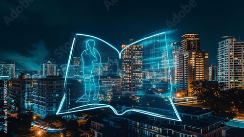 The outline of an open book blended with a bustling cityscape at night, symbolizing the narrative of urban development and the stories of businesses that drive the city's heartbeat. photo